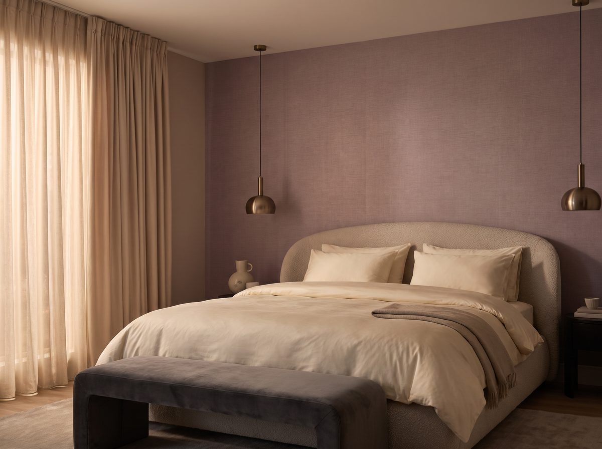 Bedroom accent wall with muted mauve wallpaper and warm bronze lighting