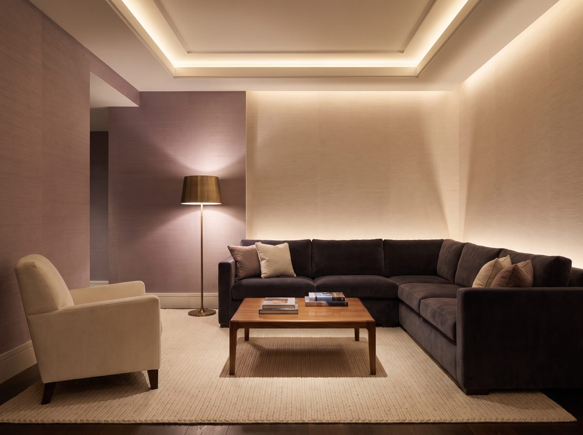 Luxury living room wallpaper in a soft mauve and champagne interior