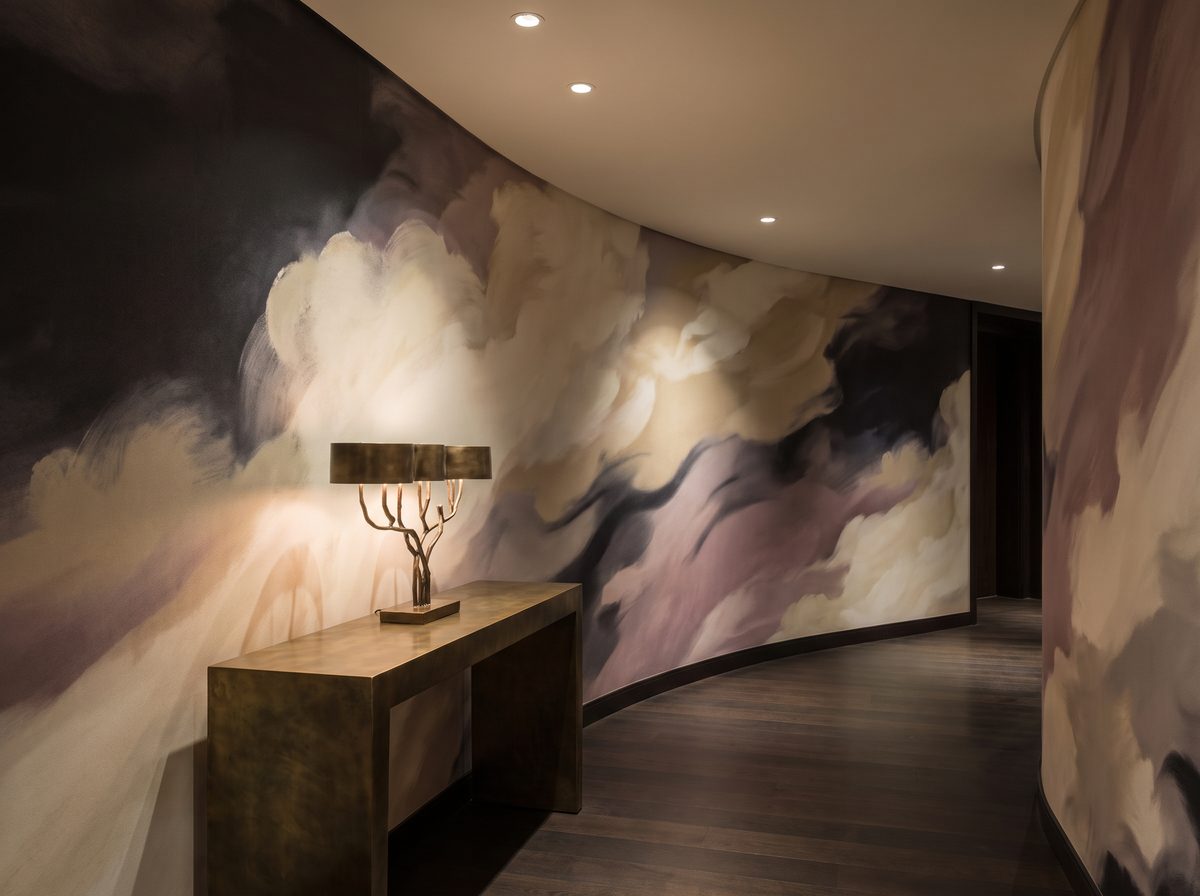 Custom mural installation in a luxury curved hallway with softly tonal artwork