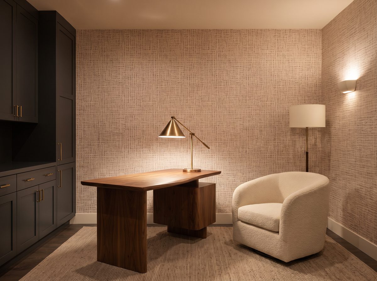 Boutique office with textured wallpaper, charcoal cabinetry, and bronze lamp
