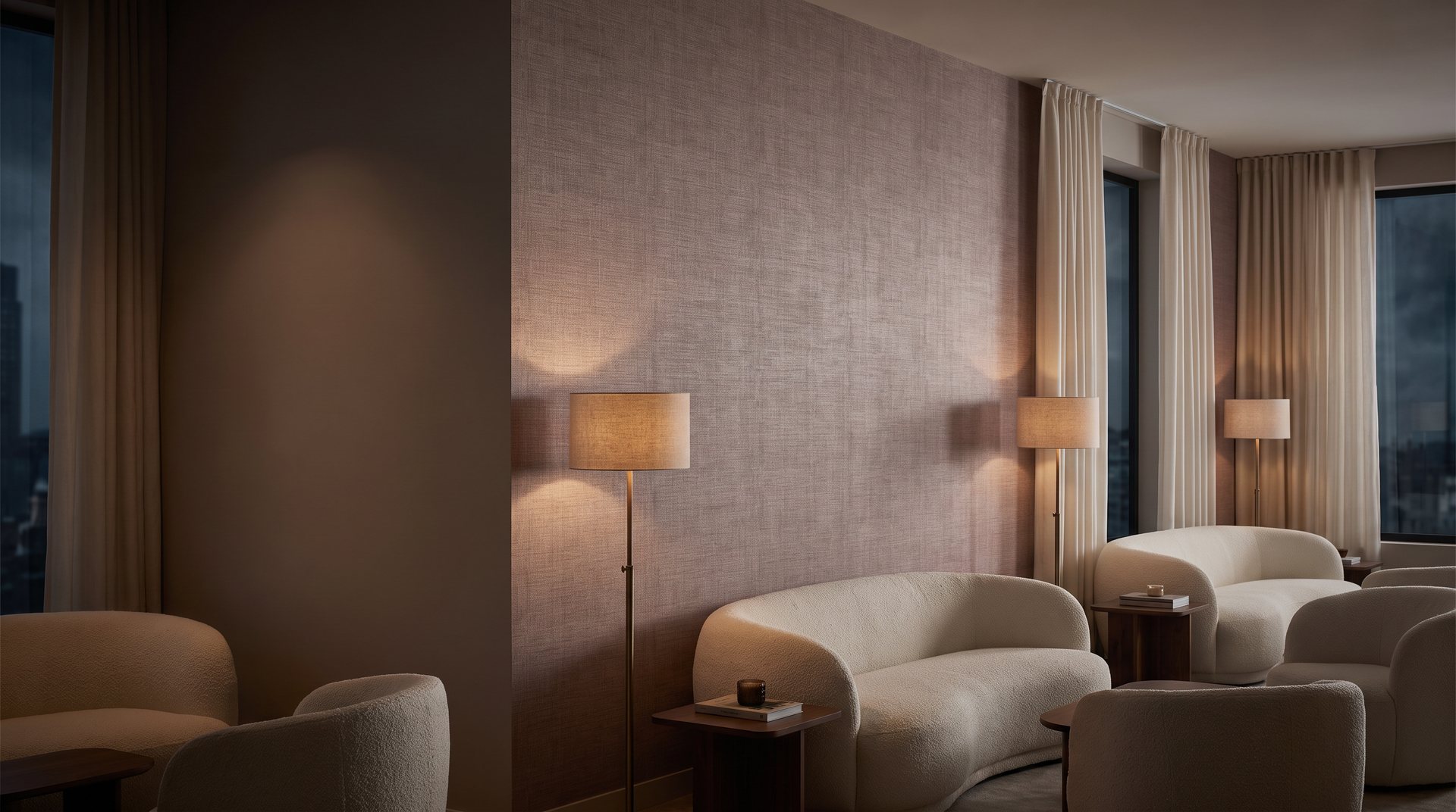 Luxurious hotel-style interior with elegant wallpaper and soft lighting